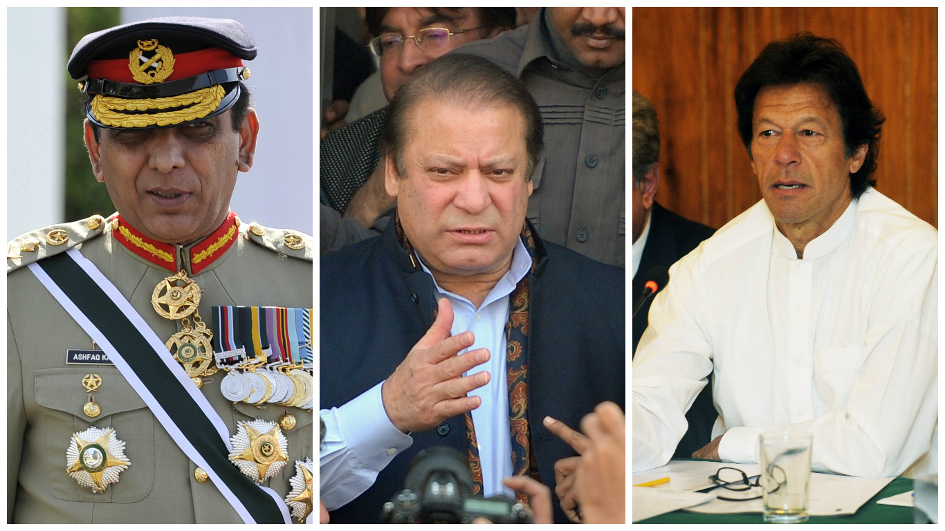 Who's calling the shots? : General Pervez Kayani, Prime Minister Nawaz Sharif and Chairman Pakistan Tehreek-e-Insaf Imran Khan.