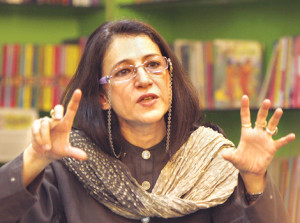 Amritsar::: April 30, 2012::: HT NEWS::: Dr. Ayesha Jalal::: Caption Dr. Ayesha Jalal, a Pakistani-American sociologist and historian, reacts during an interaction on partition held at a library in Amritsar. Photo by Munish Byala/ HT