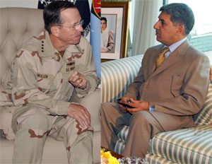 Uneasy meeting: Admiral Mike Mullen, the chairman of the Joint Chiefs of Staff (left) and Director-General ISI Shuja Pasha. Photo: AFP