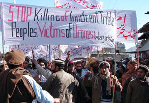 Public outcry: Angry tribesman in the Waziristan district, Miranshah, march in protest against drone strikes. Photo: AFP