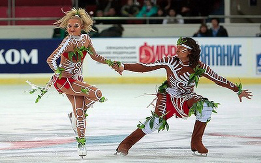 A Russian ice dancing duo in a questionable (on many levels) costume. Photo: AFP