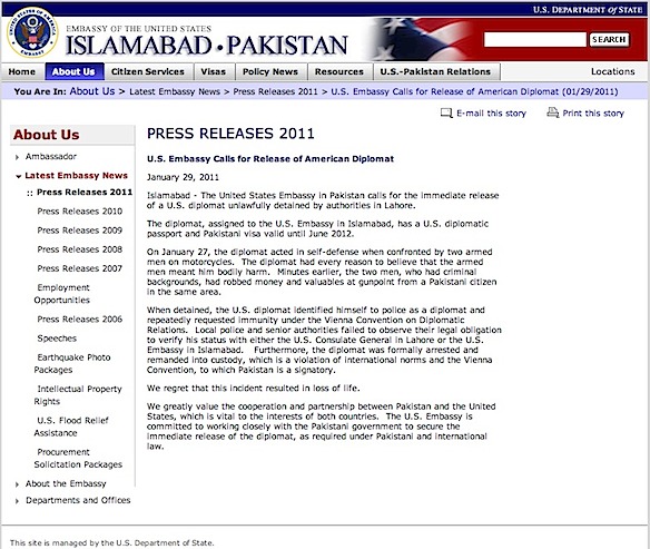 Web page capture: US embassy press release on 29 January 2011