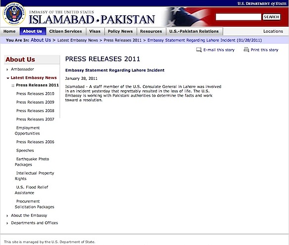 Web page capture: US embassy press release on 28 January 2011