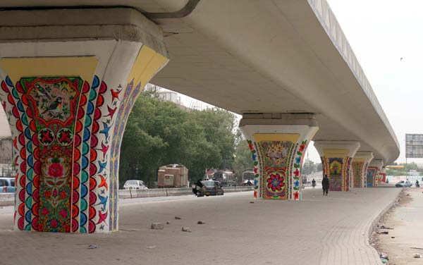 KARACHI, PAKISTAN, JUN 08: Beautifully painted pillars of flyover giving a pleasant look to locality, near Karachi Airport on Monday, June 08, 2015. (S.Imran Ali/PPI Images).