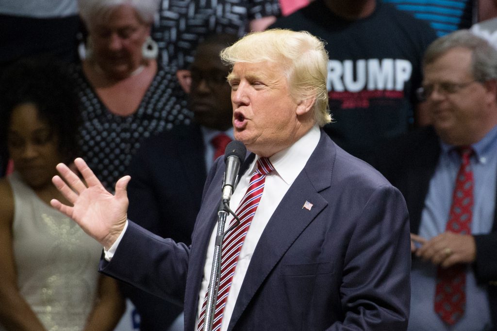 Republican presidential nominee Donald Trump speaks on stage during a campaign rally in Austin, Texas, August 23, 2016. / AFP PHOTO / SUZANNE CORDEIRO